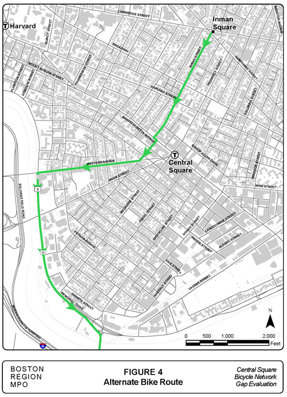 Figure 4 – Map of an alternate southbound bicycle route from Inman Square to the Charles River that travels down Western Avenue.